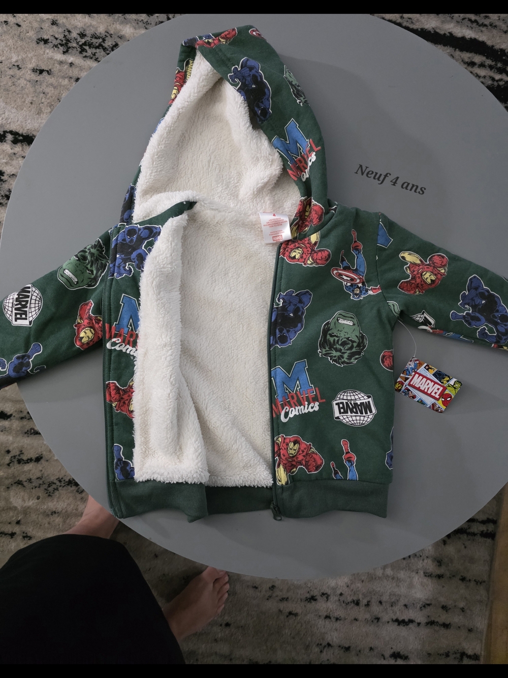 Marvel Kids Dark Green Sherpa-Lined Zip Hoodie with Multicolor Superhero Prints